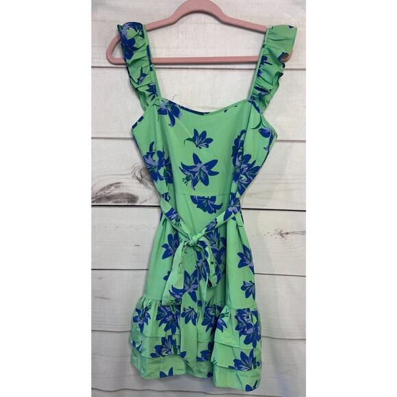 Likely Charlotte Mini Dress Size 6 Blue Green Floral Ruffle Tie Waist Flowy - Picture 1 of 7